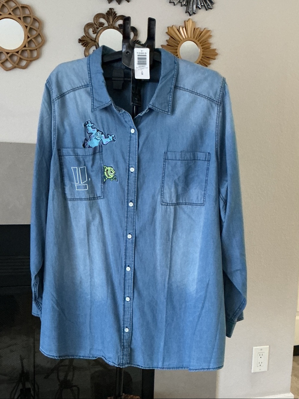 Torrid/ Pixar Denim Button-Up women’s Shirt with Monster Patch - Blue